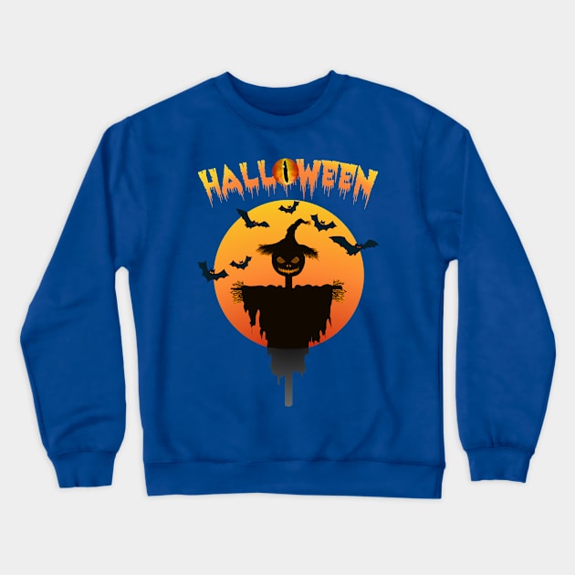 Halloween with Frightening Scarecrow and Flying Halloween Bats Crewneck Sweatshirt by CharJens